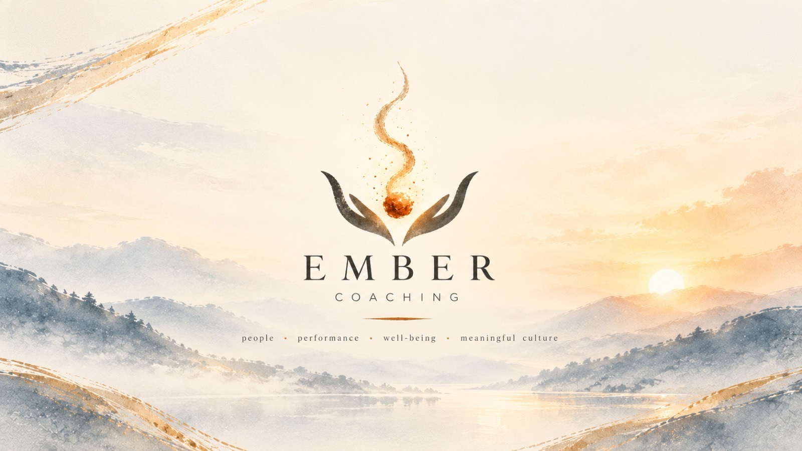 Soft mountain landscape with Ember Coaching symbol